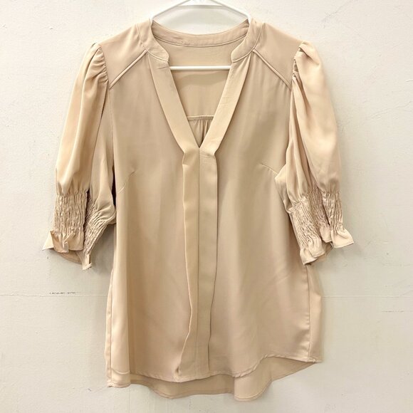Cream Button up with Ruched Sleeves - Picture 1 of 4